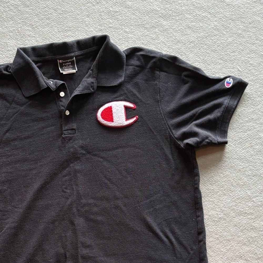 Champion Mens XL Chenille Logo Cotton Jersey Polo Shirt Black 90's Skater Prep